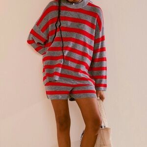 Free People, Maui Surf, Red and Gray Striped Sweater and Shorts Set, Medium